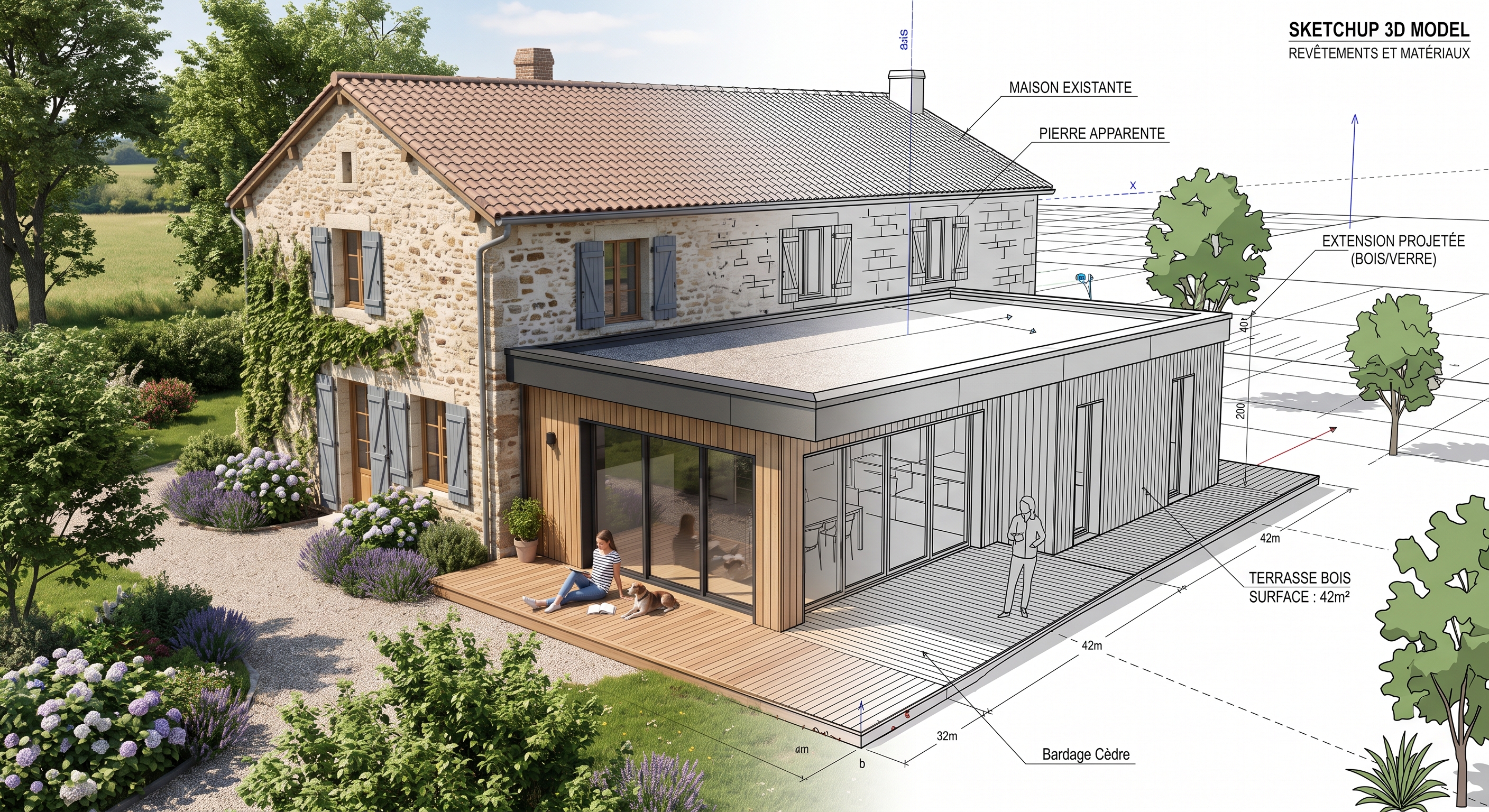 Transition modélisation 3D SketchUp vers rendu photoréaliste d'une extension de maison